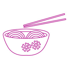 Noodle Bowl with Chopsticks: A simple line drawing illustration of a bowl of noodles with chopsticks, featuring a minimalist aesthetic and a purple color scheme.
