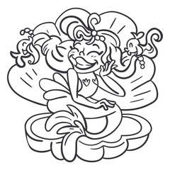 Mermaid in Seashell: A charming, playful mermaid with long flowing hair sits nestled in a seashell, surrounded by playful sea creatures.