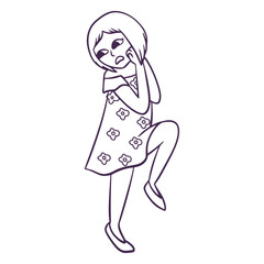 Line Drawing of a Girl in a Floral Dress: A minimalist line drawing depicts a young girl with a worried expression, standing in a floral dress.
