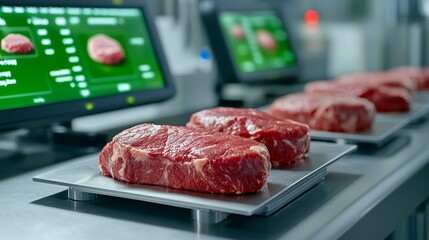 food safety concept. Fresh cuts of meat displayed on trays with digital screens in a modern butcher shop.