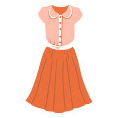 Obraz premium Retro Chic: A charming, illustrated two-piece outfit in warm peach and orange hues. Featuring a button-up blouse with a classic peter pan collar and a full skirt.