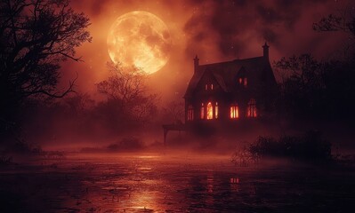 A spooky scene of a haunted mansion surrounded by a murky swamp at night.