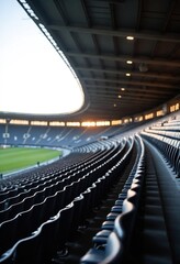 Obraz premium Black tribunes. seats of tribune on sport stadium. empty outdoor arena. concept of fans. chairs for audience. cultural environment concept. color and symmetry. empty seats. modern stadium