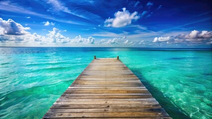 Fototapeta premium Azure ocean waves gently lapping against a weathered wooden dock, sea shore, peaceful scene, ocean waves, fishing boat