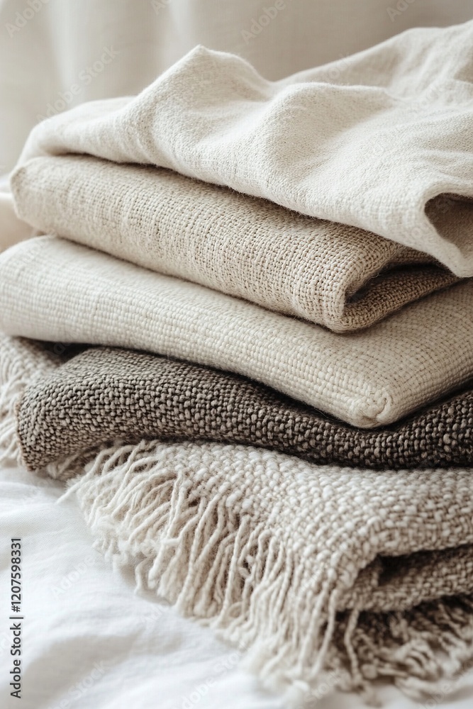 Poster Soft neutral-toned textiles are layered on a bed, showcasing the rich textures of linen, wool, and cotton. The light background enhances the serene feel of the space, perfect for relaxation