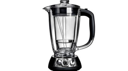 A high-quality blender with a clear glass jar and sharp blades visible inside, set against a transparent background to highlight its detailed craftsmanship and contemporary design 