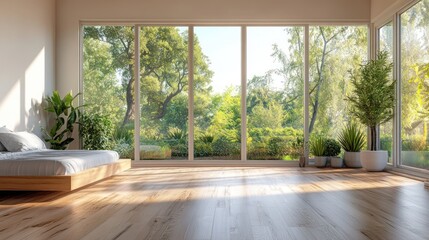 Fototapeta premium Serene Bedroom with Expansive Garden View