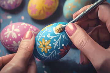 Beautiful painting of Easter eggs with floral motifs and bright colors. The process requires skill and patience, creating a festive decoration for the bright holiday.