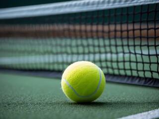 Tennis Ball on the Court against the Court Net. Ai Generative.