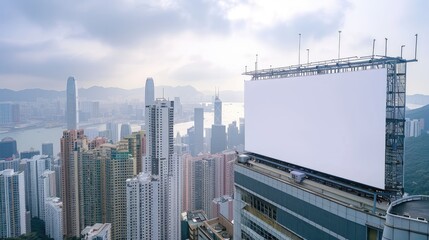 Urban Skyline with Empty Billboard Overlooking Hong Kong Harbor