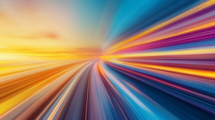 Obraz premium Futuristic high-speed train racing through a vibrant sunset landscape of colors and motion