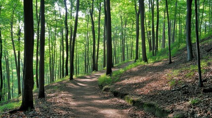 Fototapeta premium Sunlit Forest Path Winding Through Lush Green Trees