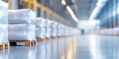 Neatly arranged pallets of white materials in a spacious industrial warehouse during daylight hours