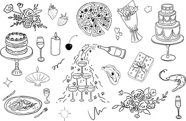 Hand drawn whimsical illustrations in coquette style. Collection of wedding doodle line art. Objects like hands with glass, сupids, champagne tower, candles, cakes, bows for invitation, posters, menu,