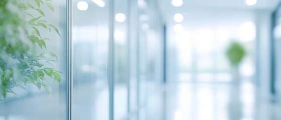 Serene Office Corridor with Plants and Glass Walls Modern Workspace