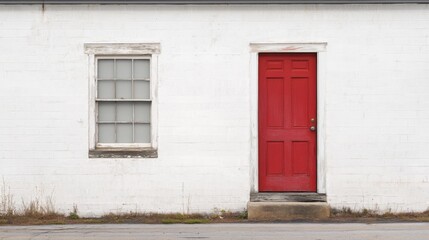 White building exterior with a single red door and small window.