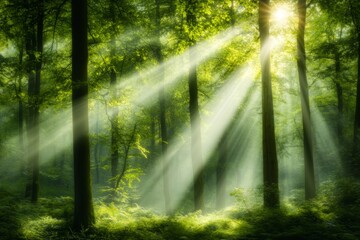 Obraz premium A 3D-rendered zip line scene, showing a detailed forest canopy with realistic lighting and shadows as a rider glides between tall trees