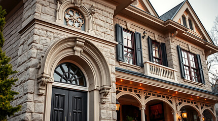 Obraz premium Magnificent Stone House: Classic Architecture, Elegant Design, Luxury Home Exterior