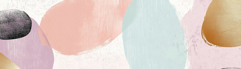 Fototapeta premium This elegant Easter card showcases abstract shapes in blush, mint, and lavender hues accented with gold foil. Its minimalist design offers ample space for personalized text, perfect for greetings