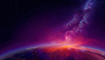 vivid sunrise over a planet horizon with glowing atmospheric layers and distant stars, ideal for sci-fi, space, and cosmic themes

