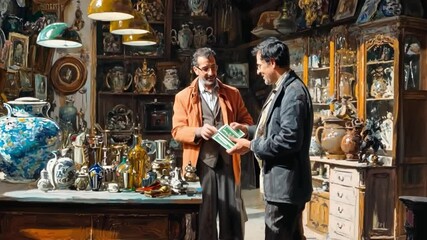 A charming scene in an antique shop. Two gentlemen discuss items of interest. The decor is rich with history and art. A perfect setting for collectors and enthusiasts. Generative AI