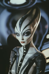 Retro black and white alien female character in vintage scifi futuristic film 