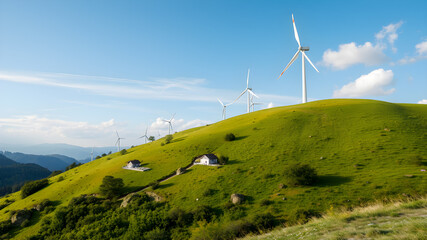 Green energy concept, eco power. Wind turbine located along the hill with the wind blowing all the time. Can produce renewable energy as well. Considered a clean energy.