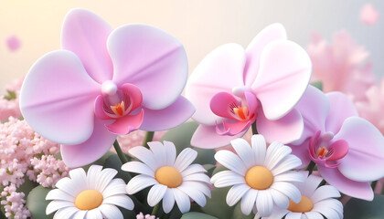 Obraz premium Elegant Pink Orchids and Daisies A Soft Dreamy Floral Arrangement