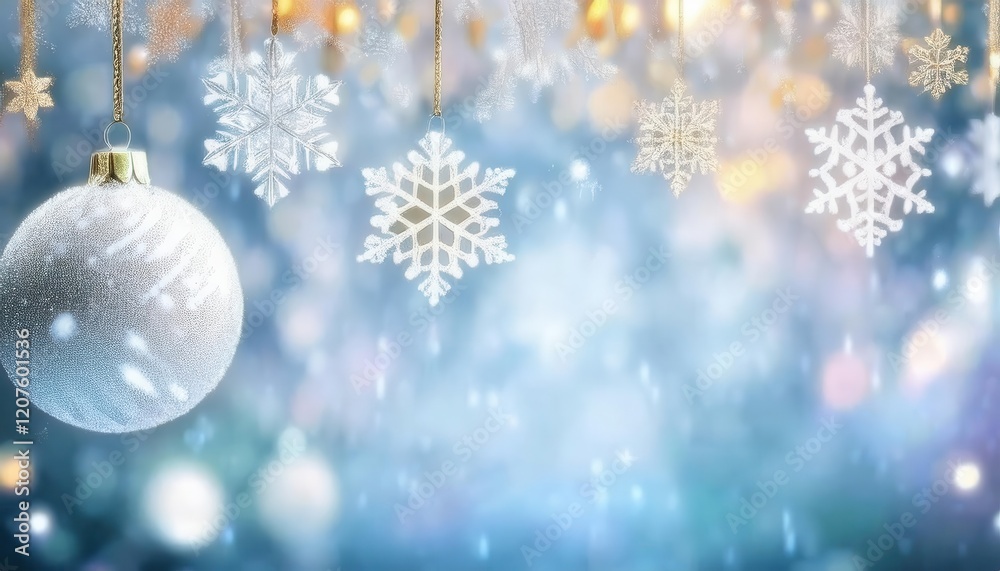 Aufkleber elegant hanging snowflake ornaments and frosted baubles on a soft blue winter background with glowin