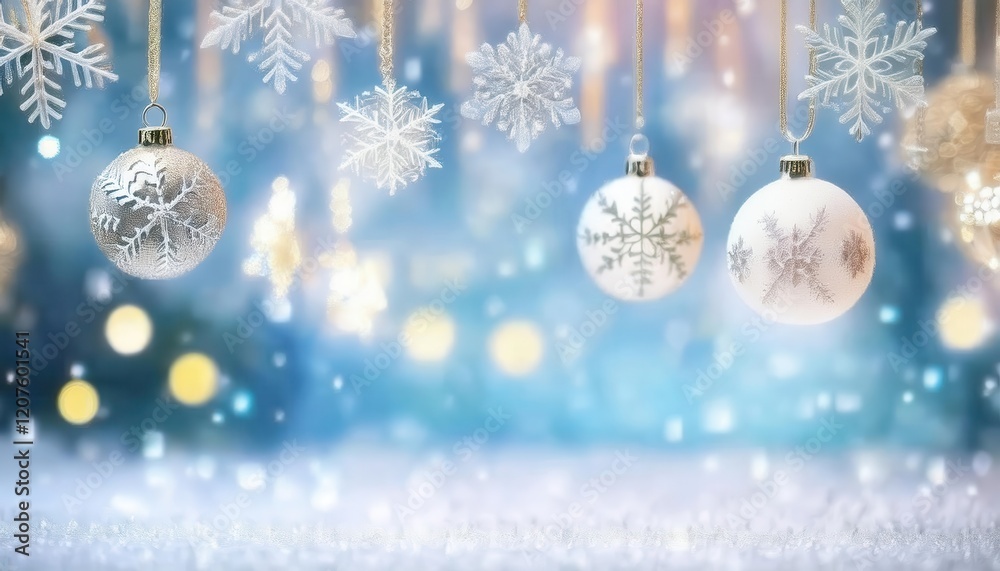 Aufkleber elegant hanging snowflake ornaments and frosted baubles on a soft blue winter background with glowin