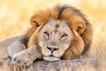 Obraz premium A close-up of a lion resting in Hwange National Park, with golden savanna grass glowing in the background under warm sunlight