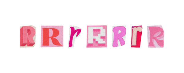 Letter R, barbiecore set of cut-out elements from magazines on a transparent background, cute retro y2k ransom style