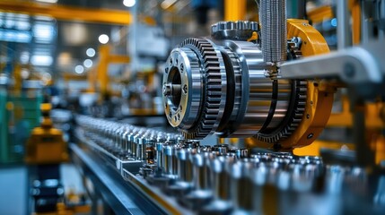 Fototapeta premium Industrial Machinery Close-up: Gears, Conveyor Belt, and Manufacturing Process