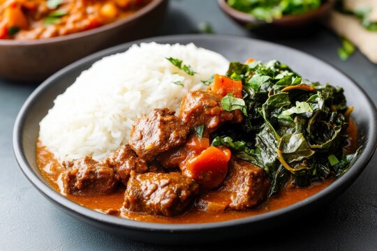 A colorful plate of sadza, nyama (meat stew), and collard greens served in a rustic Zimbabwean kitchen