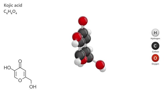 Kojic Acid. Animated 3D model of a molecule. Molecular formula: C6H6O4. Chemical model: Ball and stick. White background. 3D rendering. Seamless loop.