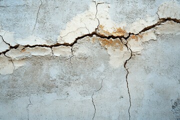 Obraz premium Rough concrete wall showcases deep cracks and textures, set against a light gray surface, creating a modern and gritty atmosphere ideal for text overlay