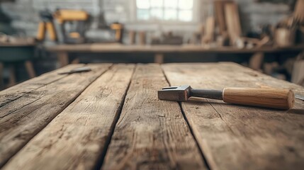 Weathered wood workbench with tools, moody workshop bokeh, artisanal and raw charm