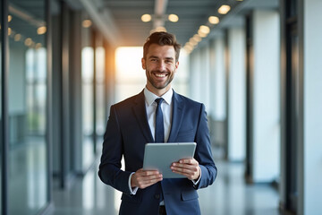 Fototapeta premium Confident young smiling Businessmen holding a tablet standing in a modern office, company executive, leadership, corporate leader, entrepreneur, Hr Manager. Generative AI