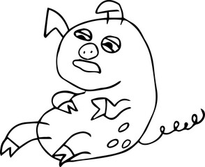 a tired little pig with closed eyes lies and holds its belly