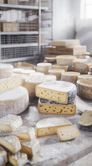 Artisan cheese makers handcrafting unique cheese varieties in a rustic, bohemian setting filled with creative energy and natural materials..

