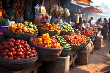 A digital illustration of a bustling Zambian market with vibrant colors, showcasing stalls of fruits, spices, and traditional crafts