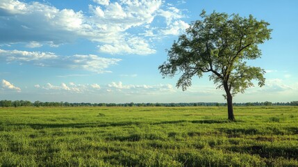 Fototapeta premium Climate change requires strong environmental policies to ensure sustainability. Lush green landscape with a solitary tree under a bright blue sky.