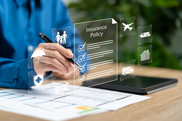 Insurance policy document concept, Businesswomen checklist insurance document online,...