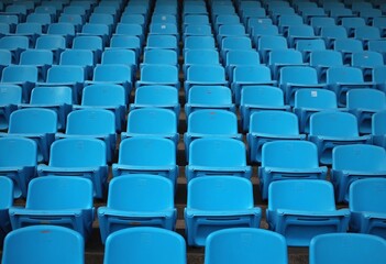 Naklejka premium Blue tribunes. seats of tribune on sport stadium. empty outdoor arena. concept of fans. chairs for audience. cultural environment concept. color and symmetry. empty seats. modern stadium
