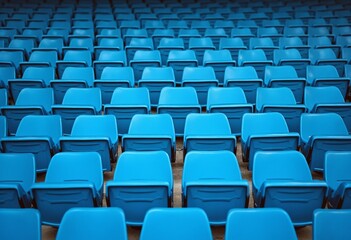 Blue tribunes. seats of tribune on sport stadium. empty outdoor arena. concept of fans. chairs for audience. cultural environment concept. color and symmetry. empty seats. modern stadium