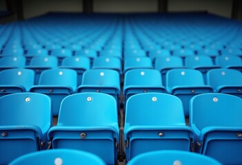 Naklejka premium Blue tribunes. seats of tribune on sport stadium. empty outdoor arena. concept of fans. chairs for audience. cultural environment concept. color and symmetry. empty seats. modern stadium