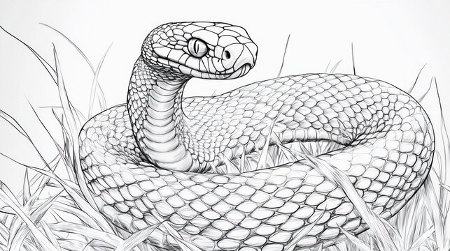 Snake resting in grass, detailed drawing of wildlife