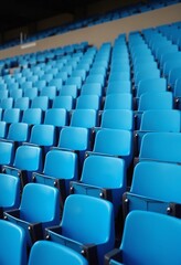 Fototapeta premium Blue tribunes. seats of tribune on sport stadium. empty outdoor arena. concept of fans. chairs for audience. cultural environment concept. color and symmetry. empty seats. modern stadium
