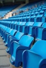Fototapeta premium Blue tribunes. seats of tribune on sport stadium. empty outdoor arena. concept of fans. chairs for audience. cultural environment concept. color and symmetry. empty seats. modern stadium
