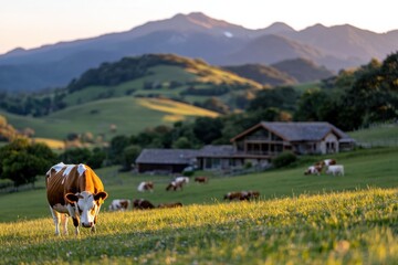 This beautiful image captures a grazing cow in a green field with mountains in the background, showcasing the connection between animals and nature in a tranquil setting.